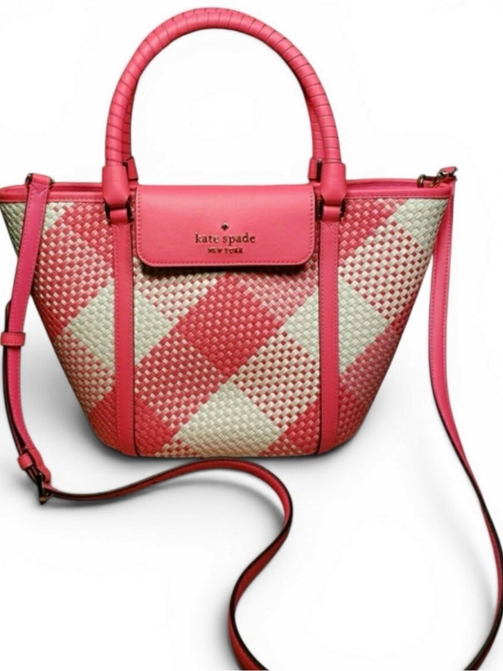 A KATE SPADE NY Cruise Gingham Medium Tote Pink and Beige checkerboard.